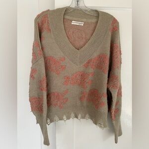 Anthropologie Beige and Pink V-Neck Sweater